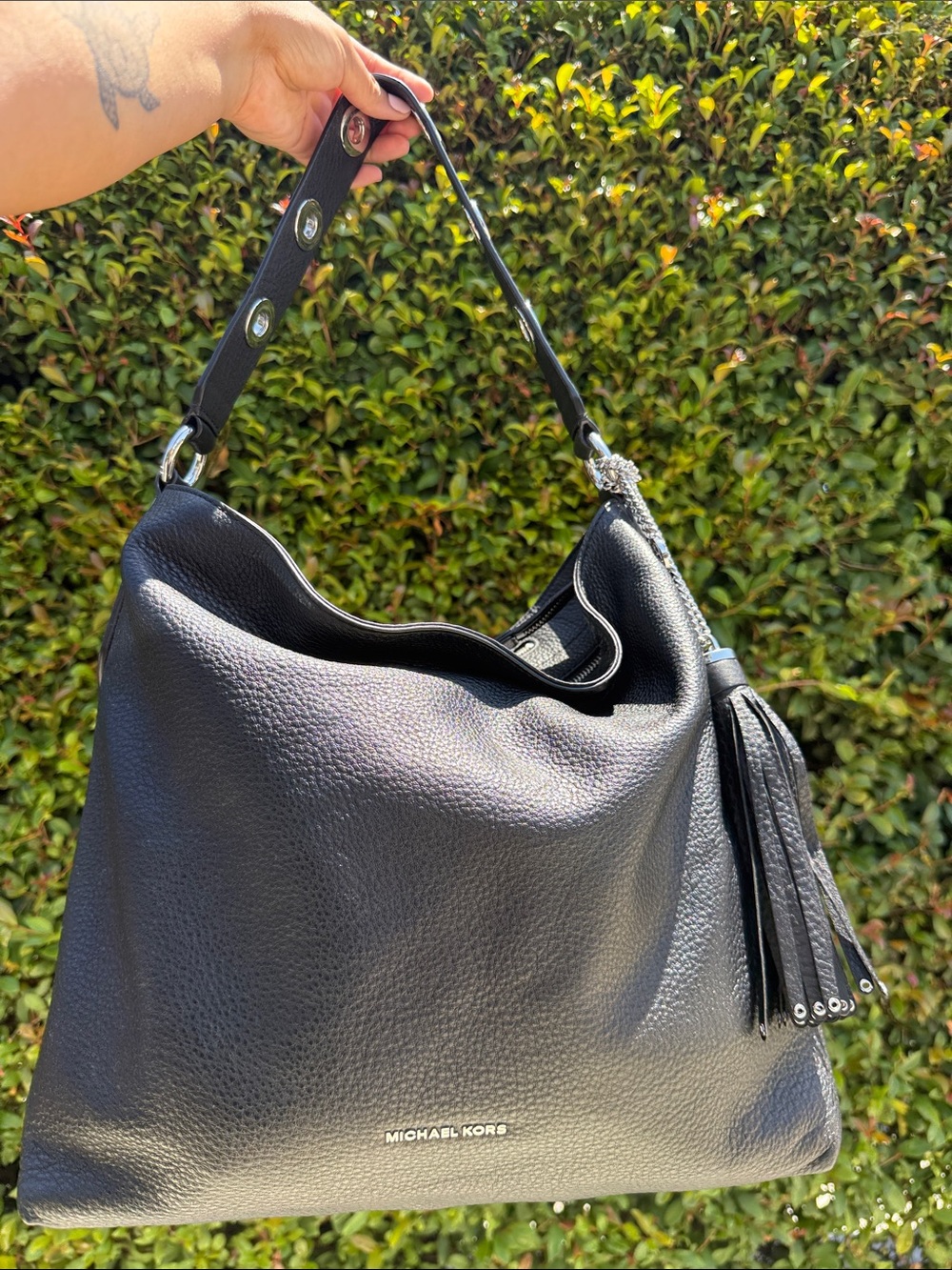 Michael Kors Black Pebbled Leather Hobo with Tassel